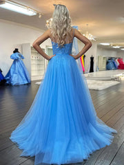 Cute A Line One Shoulder Blue Tulle Prom Dress with Appliques And Slit Floor Length