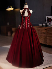 A-Line Velvet Sequin Burgundy Long Prom Dress Long Formal Dress december wedding guest dress
