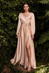Aimishang Elegant Long Prom Dress Long Sleeve Satin Gown Bridesmaid Dresses Fall Wedding Guest Dress November Evening Party Dress