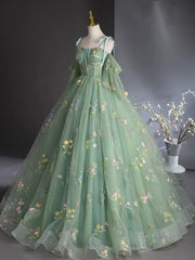 A-Line Sweetheart Neck Tulle Lace Green Long Prom Dress Floor Length With Flowers december wedding guest dress