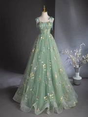 A-Line Sweetheart Neck Tulle Lace Green Long Prom Dress Floor Length With Flowers december wedding guest dress