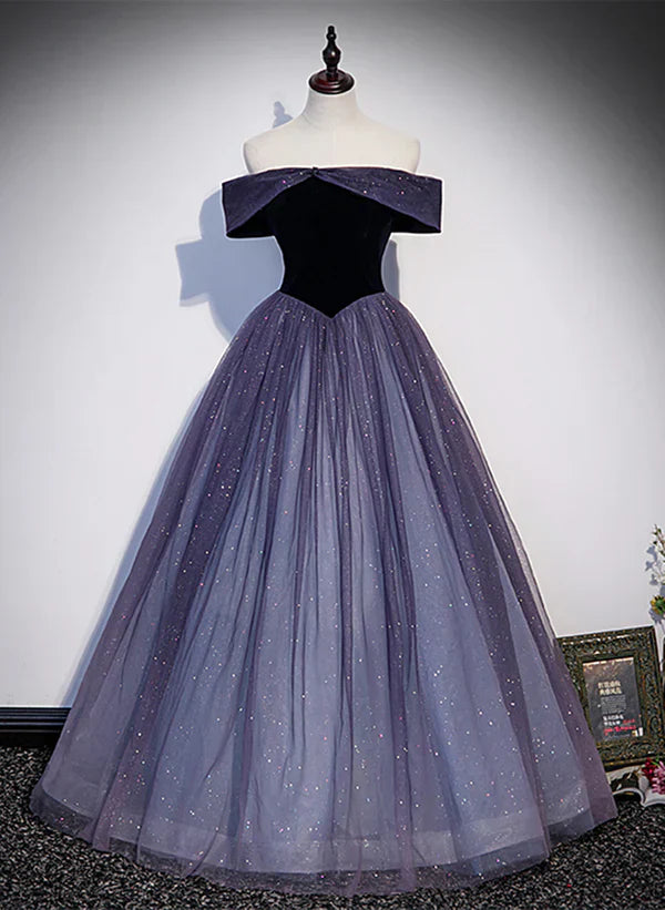 Sparkling Purple Gradient Tulle Off Shoulder A-line Purple Evening Dress Prom Dress Elegant