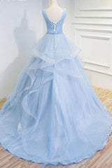 Sweetheart Blue Organza Ballgown V Neck Ruffles Appliques Prom Dresses Beautiful