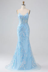 Aimishang Sparkly Blue Mermaid V-neck Spaghetti Straps Long Prom Dress Charming Evening Party Dress Formal Dress