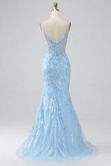 Aimishang Sparkly Blue Mermaid V-neck Spaghetti Straps Long Prom Dress Charming Evening Party Dress Formal Dress