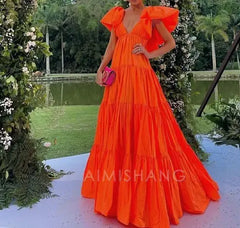 Aimishang Elegant Orange A Line V Neck Prom Dress Evening Party Dress Formal Wear Dress