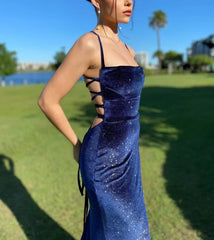 Wholesale Sparkly Navy Blue Velvet Prom Dress Mermaid Long Evening Dress