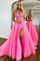 A Line Sweetheart Tiered Long Corset Prom Dress With Lace Off Shoulder With Slit