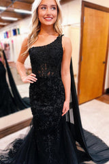 Black One Shoulder Appliques Mermaid Long Prom Dresses Sexy Evening Dress