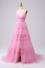 A Line Tulle Spaghetti Straps Sweetheart Prom Dress Floor Length With Slit