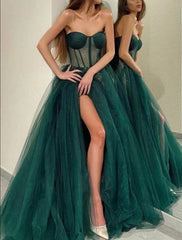 Wholesale Green Long Prom Dress A Line Off Shoulder Tulle Sweetheart Formal Evening Dress
