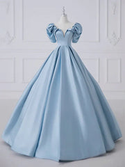 A-Line Princess Satin Blue Long Prom Dress Quinceanera Dress Elegant Evening Dress