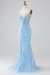 Aimishang Sparkly Blue Mermaid V-neck Spaghetti Straps Long Prom Dress Charming Evening Party Dress Formal Dress