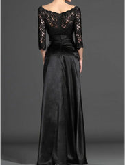Mermaid / Trumpet Mother of the Bride Dress Elegant Off Shoulder Floor Length Lace Stretch Satin 3/4 Length Sleeve with Pleats Draping Black
