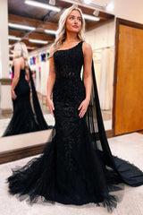 Black One Shoulder Appliques Mermaid Long Prom Dresses Sexy Evening Dress