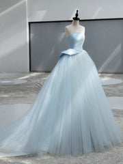A-Line Satin Tulle Blue Long Prom Dress Formal Dress Off Shoulder Floor Length