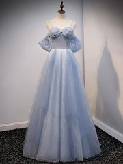 Glitter A-Line Princess Off Shoulder Tulle Gray Blue Long Prom Dress Sparkly Evening Dress