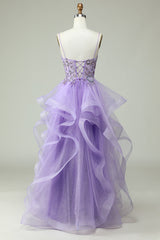 A Line Spaghetti Straps Purple Long Prom Dress with Appliques Beautiful