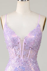 Sparkly Mermaid Spaghetti Straps Purple Corset Prom Dress with Slit Beautiful