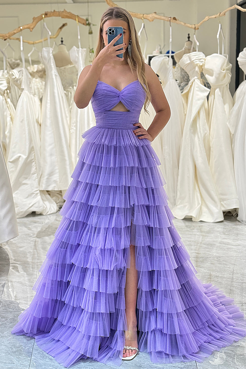 Purple A Line Cut Out Sweetheart Tiered Long Prom Dress With Slit Sexy