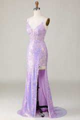 Sparkly Mermaid Spaghetti Straps Purple Corset Prom Dress with Slit Beautiful