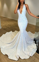 Fantasy White Sleeveless V Neck Halter Evening Dress With Sequins Sparkly Sexy Prom Dress