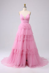 A Line Tulle Spaghetti Straps Sweetheart Prom Dress Floor Length With Slit