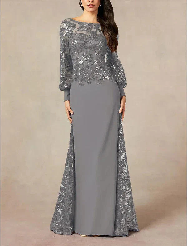 A-Line Mother of the Bride Dress Formal Wedding Guest Elegant Jewel Neck Floor Length Chiffon Sequined Long Sleeve with Sequin Sparkly
