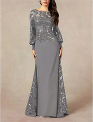 A-Line Mother of the Bride Dress Formal Wedding Guest Elegant Jewel Neck Floor Length Chiffon Sequined Long Sleeve with Sequin Sparkly