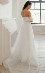 Bohemian A Line Sweetheart Sweep Train Wedding Dress with Split Front Off Shoulder