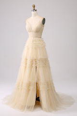 A Line Tulle Spaghetti Straps Sweetheart Prom Dress Floor Length With Slit