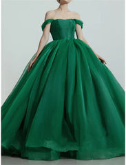 Ball Gown Prom Dresses Luxurious Dress Quinceanera Prom Sweep / Brush Train Short Sleeve Off Shoulder Organza with Sleek Pleats Elegant