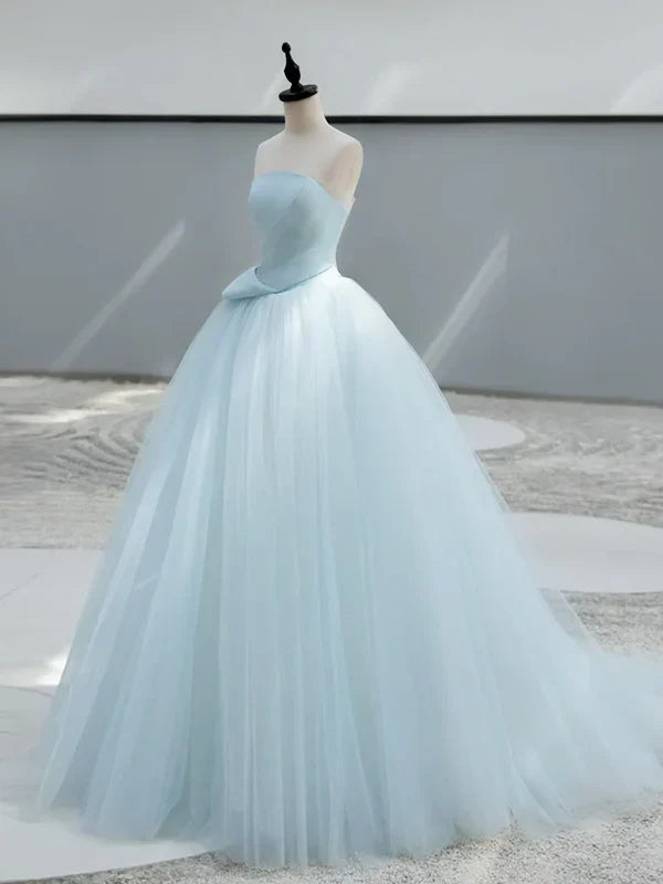 A-Line Satin Tulle Blue Quinceanera Dress Long Prom Dress Ball Gown Off Shoulder