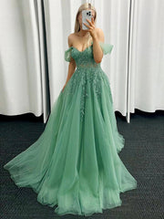 A-Line Off Shoulder Tulle Lace Green Long Prom Dress Formal Dress with Appliques