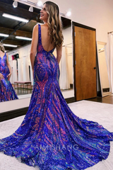 Aimishang Mermaid V Neck Blue Sequin Long Prom Dresses Formal Women's Dresses Charming Evening Party Dress