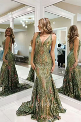 Aimishang Mermaid V Neck Blue Sequin Long Prom Dresses Formal Women's Dresses Charming Evening Party Dress