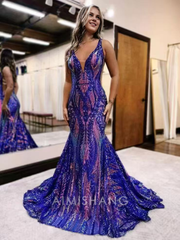Aimishang Mermaid V Neck Blue Sequin Long Prom Dresses Formal Women's Dresses Charming Evening Party Dress