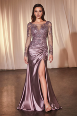 Aimishang Elegant Long Sleeve For Formal Applique Satin Long Prom Dress Charming Evening Party Dress With Slit