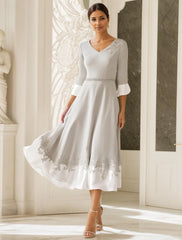 Aimishang A-Line V Neck Wedding Guest Mother of the Bride Dress Elegant Tea Length Half Sleeve with Appliques