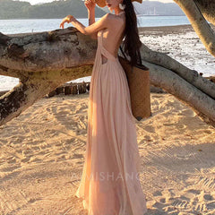 Aimishang Elegant Open Back V Neck Flowy Halter Long Prom Dress Sexy Evening Party Dress Fashion Women's Dresses