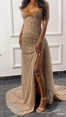 Wholesale Elegant Formal Wear Dresses Strapless Champion Sequin Long Prom Dress Slit Evening Gown Sexy