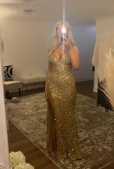 Gold Sequin V Neck Slit Prom Dress Charming Evening Dress Sparkly Party Dress