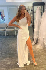 Wholesale One-Shoulder Simple White Evening Dress Charming Prom Dress Party Dress With Slit