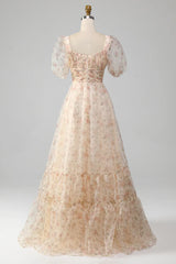 A-Line Prom Dress Square Neck Floor Length With Short Sleeves Elegant Evening Party Dress Formal Dress