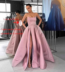 Womens Long Strapless Satin Prom Dress Sleeveless Slit Evening Ball Gown Off Shoulder Party Dress Wholesale