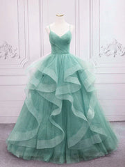 Sparkling Quinceanera Dress V Neck Tulle Long Prom Dress Green Sweet Dress Floor Length