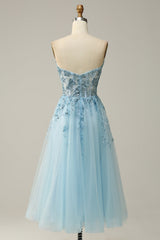A Line Midi Sweetheart Sequins Sky Blue Prom Dress Off Shoulder Beautiful
