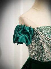 A-Line Velvet Sequin Beads Green Long Prom Dress Evening Dress Elegant