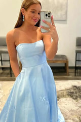 Light Blue Strapless Sleeveless Appliques Evening Dress Online Off Shoulder Prom Dress With Flowers