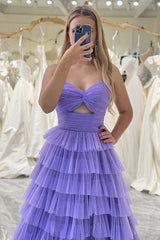 Purple A Line Cut Out Sweetheart Tiered Long Prom Dress With Slit Sexy